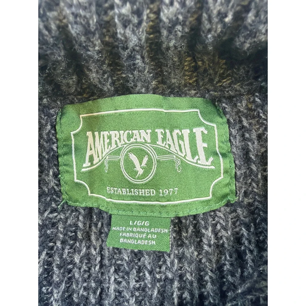 American Eagle Mens Large Gray Marl Mock Neck Quarter Button Ribbed Knit Sweater
